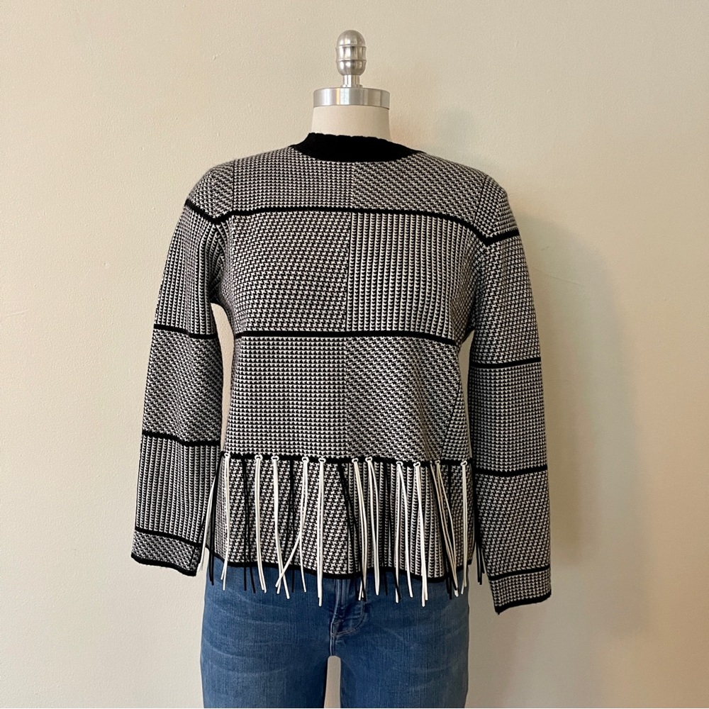 Black and White Houndstooth Sweater with Fringe